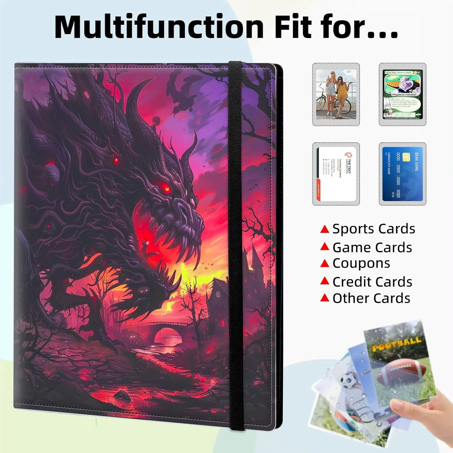 9 Pocket Trading Card Binder, Card Collection Binder for TCG, MTG, Sports Cards, Baseball, Fierce Dragon Trading Card Book Holder for Collectors, Top Loader Binder