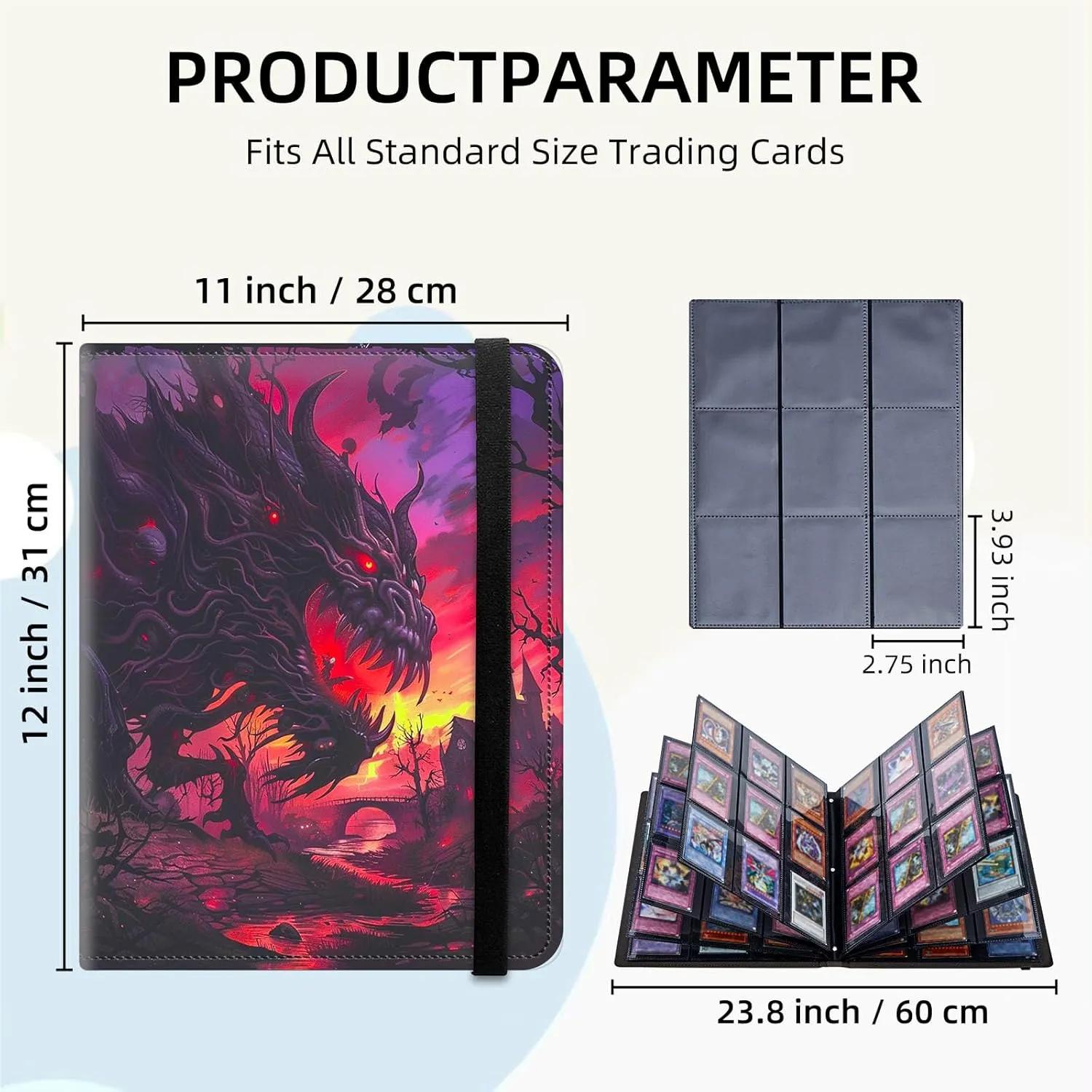 9 Pocket Trading Card Binder, Card Collection Binder for TCG, MTG, Sports Cards, Baseball, Fierce Dragon Trading Card Book Holder for Collectors, Top Loader Binder