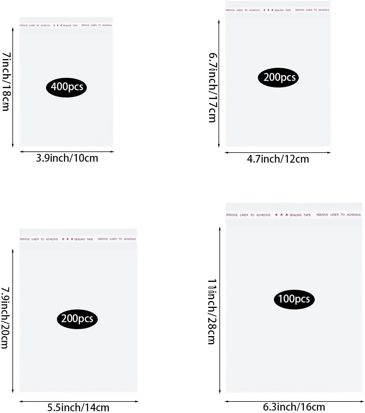 900 Pcs Clear Plastic Bags, 4 Mixed Sizes Resealable Cello Bag Recloseable Cellophane Self Adhesive Cellophane Treat Bags OPP Plastic Bag (3.9X7'',4.7X6.7'',5.5X7.9'',6.3X11'')