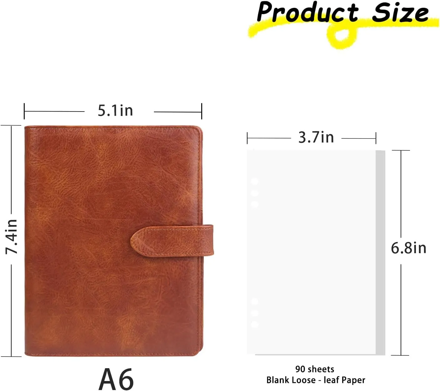 A6 Binder 6 Ring, PU Leather Refillable Notebook with Blank Loose Leaf Paper, Filler Paper, Loose Leaf Personal Planner Budget Binder with Magnetic Buckle Closure