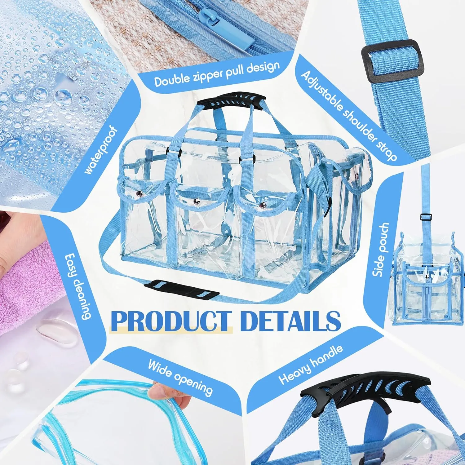 Abbylike 2 Pcs Large Professional Clear PVC Travel Makeup Bag with 4 External Pockets and Shoulder Strap Zippered Toiletry Bags for Women(Blue)