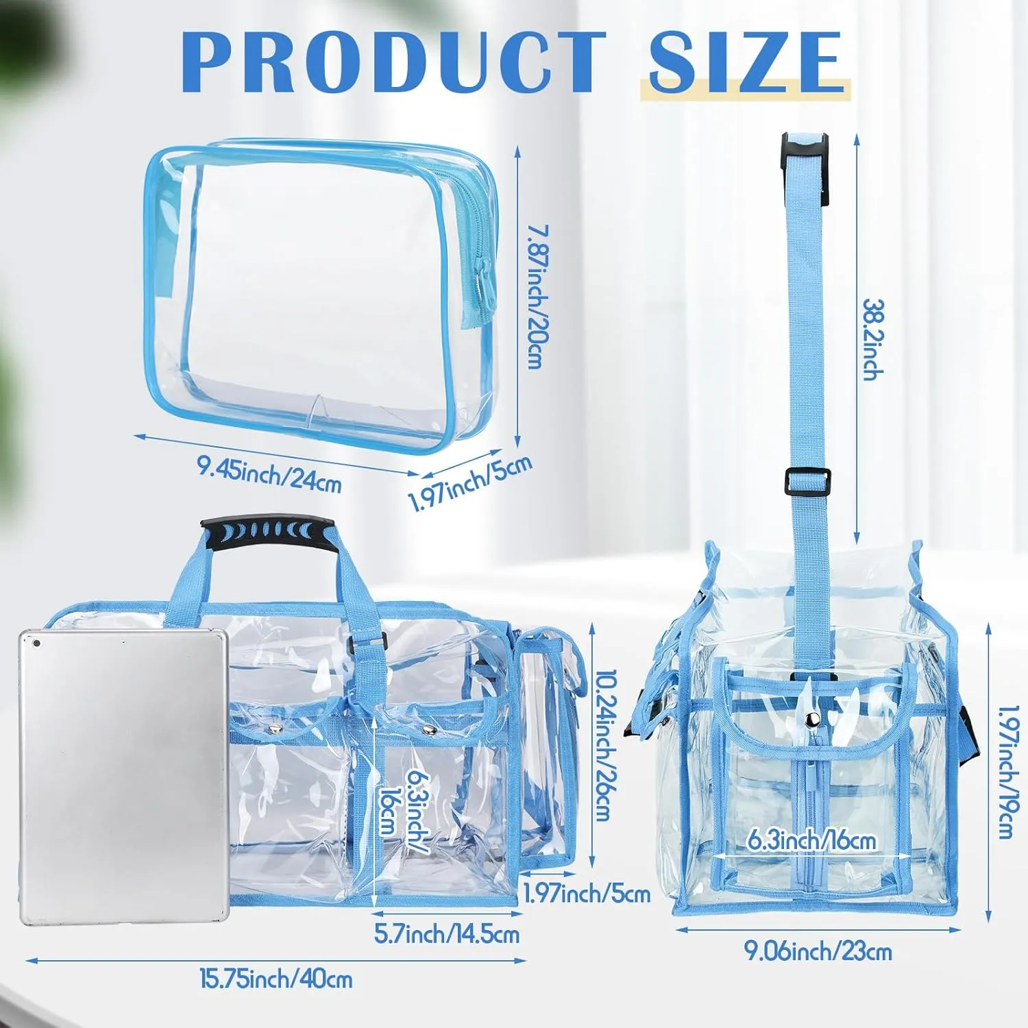 Abbylike 2 Pcs Large Professional Clear PVC Travel Makeup Bag with 4 External Pockets and Shoulder Strap Zippered Toiletry Bags for Women(Blue)