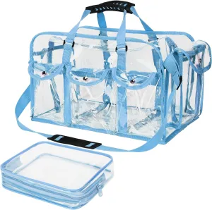 Abbylike 2 Pcs Large Professional Clear PVC Travel Makeup Bag with 4 External Pockets and Shoulder Strap Zippered Toiletry Bags for Women(Blue)