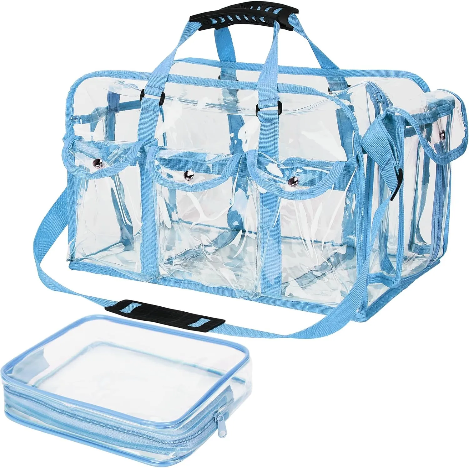 Abbylike 2 Pcs Large Professional Clear PVC Travel Makeup Bag with 4 External Pockets and Shoulder Strap Zippered Toiletry Bags for Women(Blue)