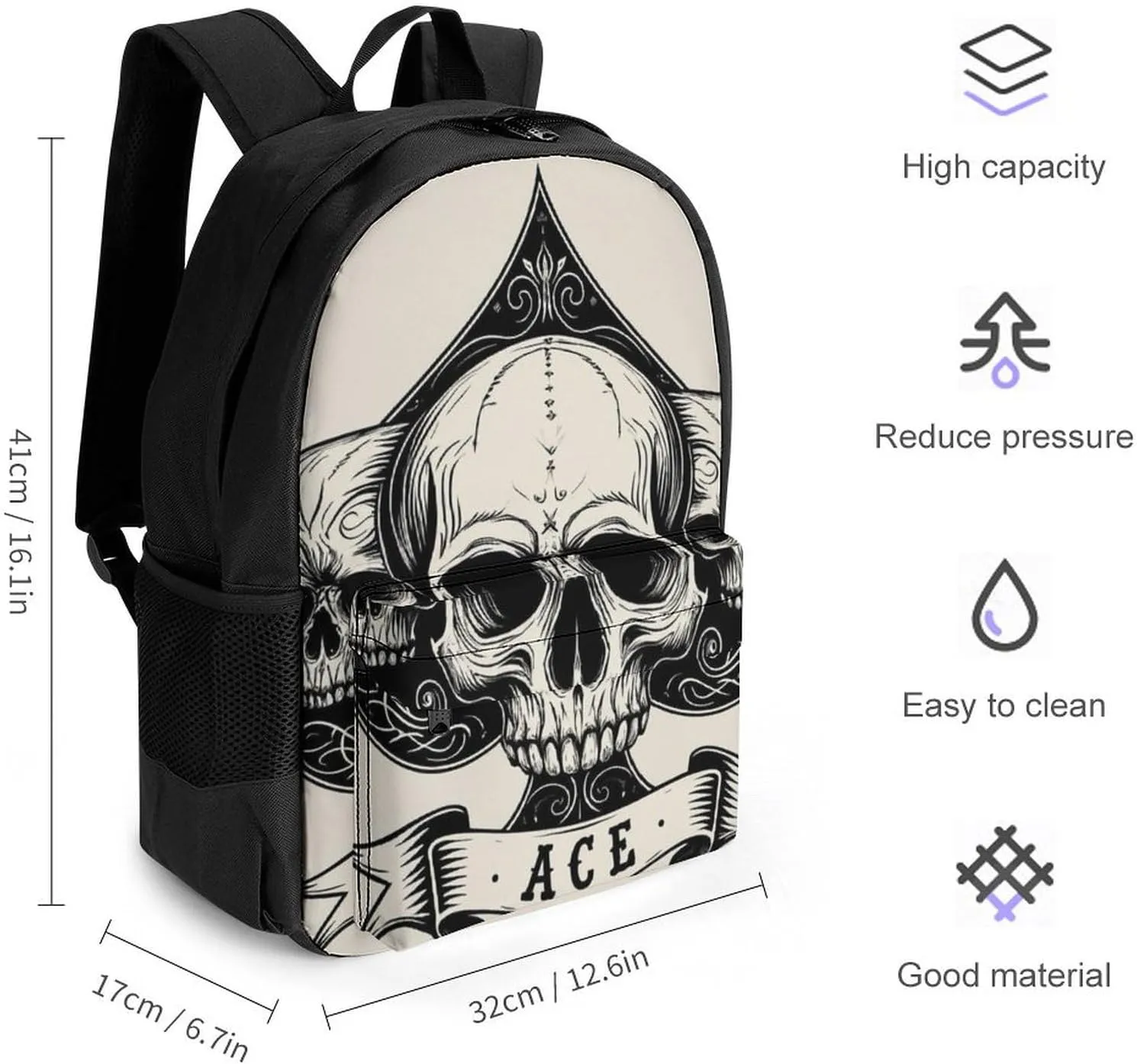 Ace Of Spades Skull Grey Art Shoulder Book Bags Polyester Multipurpose Anti-Theft Carry On Bag Large Capacity Travel Hiking & Camping Rucksack