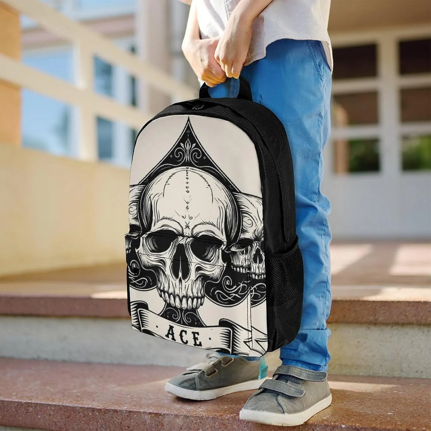 Ace Of Spades Skull Grey Art Shoulder Book Bags Polyester Multipurpose Anti-Theft Carry On Bag Large Capacity Travel Hiking & Camping Rucksack