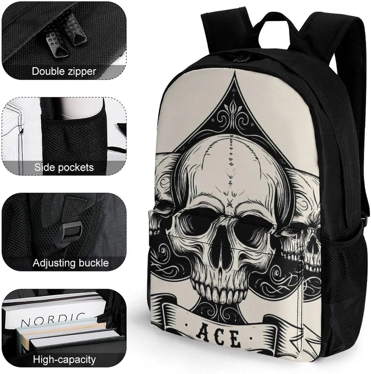 Ace Of Spades Skull Grey Art Shoulder Book Bags Polyester Multipurpose Anti-Theft Carry On Bag Large Capacity Travel Hiking & Camping Rucksack