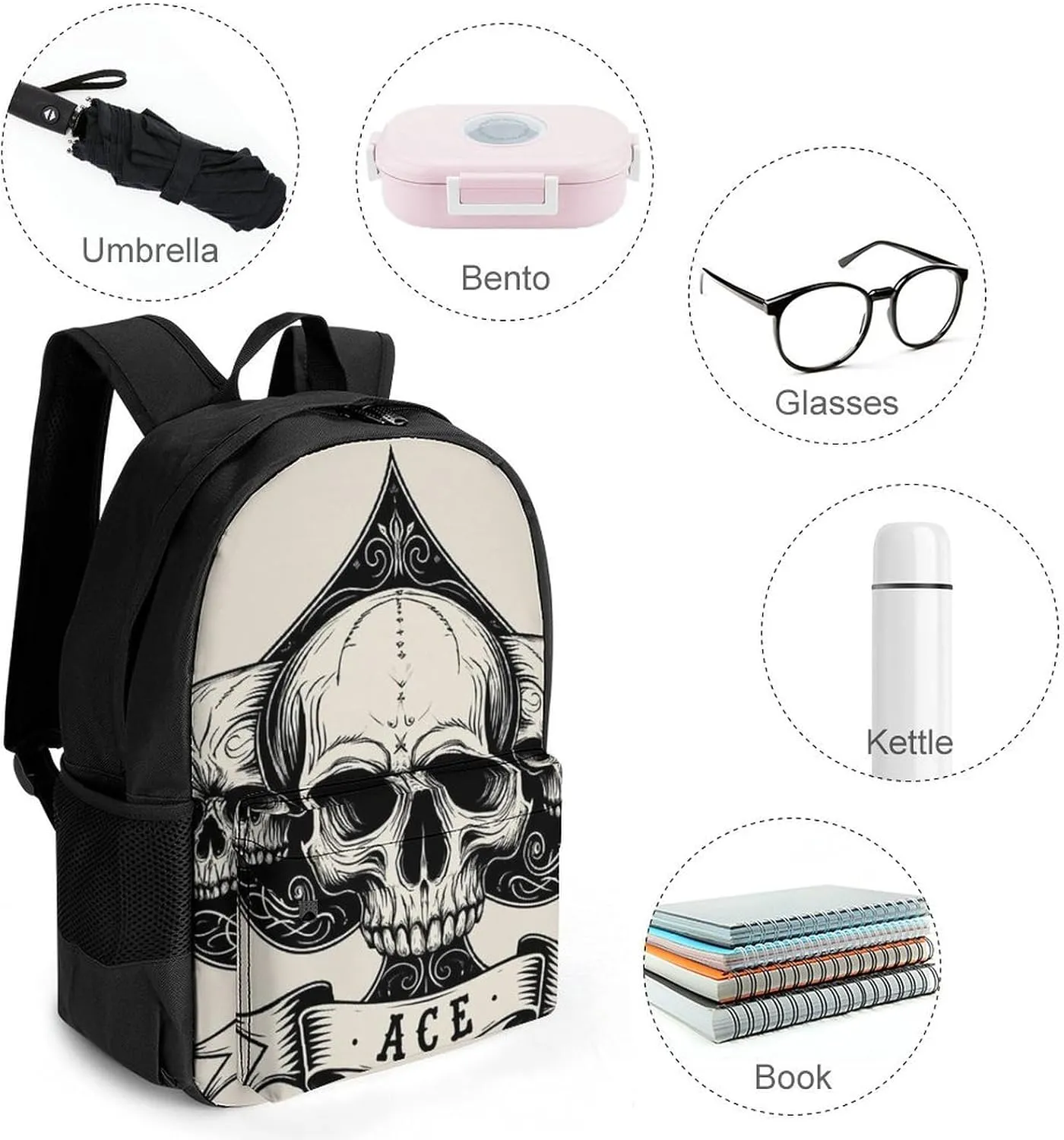Ace Of Spades Skull Grey Art Shoulder Book Bags Polyester Multipurpose Anti-Theft Carry On Bag Large Capacity Travel Hiking & Camping Rucksack