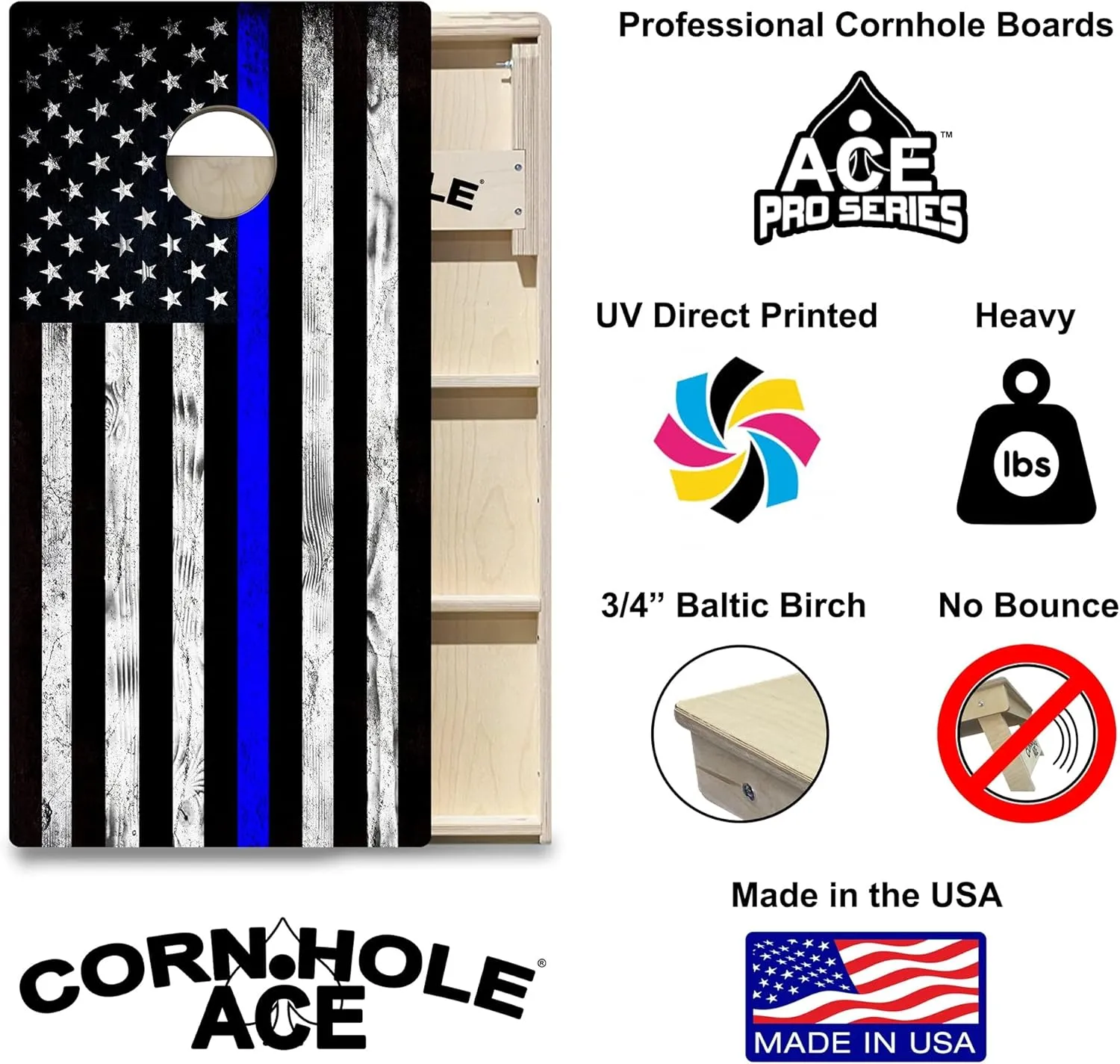 ACE PRO American Flag Cornhole Board Set | No Bounce | Triple Wide Legs, 3/4 inch Baltic Birch Plywood, Handles, Regulation Size, Tournament Style, Official Brand, Professional, Made in USA