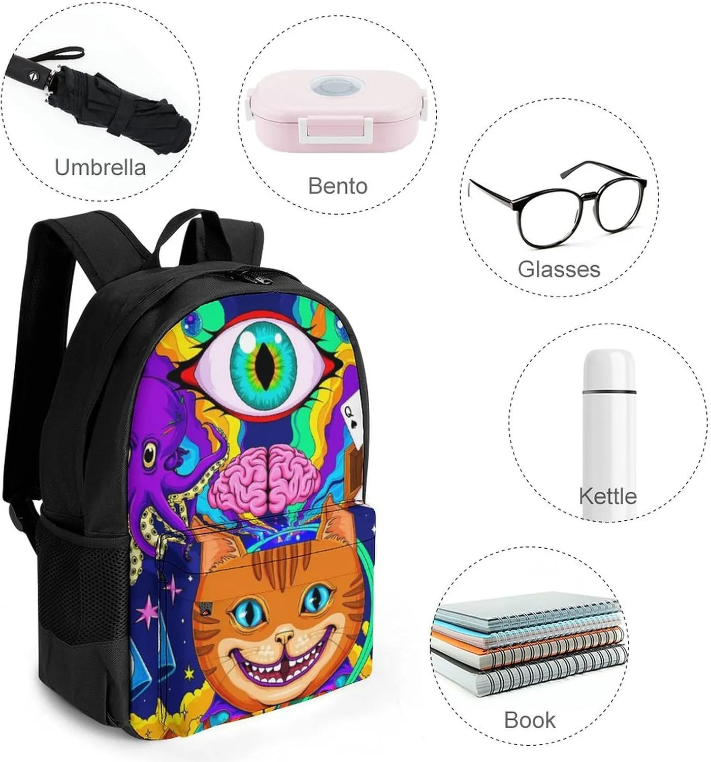 Acid Trip Colors Trippy Cat Eye Octopus Art Rucksacks Lightweight Multipurpose Anti-Theft Shoulder Bag Big Capacity Traveling & Camping Backpack With Side Pockets
