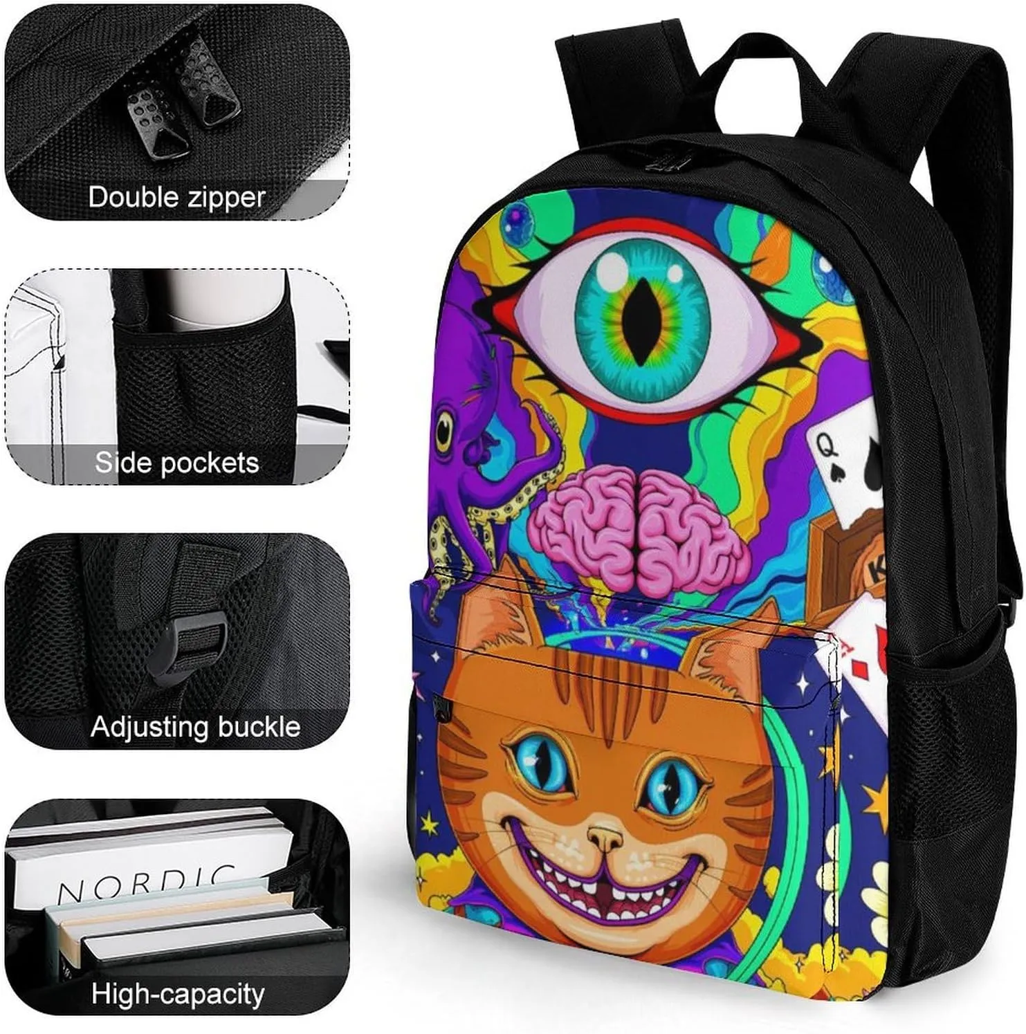 Acid Trip Colors Trippy Cat Eye Octopus Art Rucksacks Lightweight Multipurpose Anti-Theft Shoulder Bag Big Capacity Traveling & Camping Backpack With Side Pockets