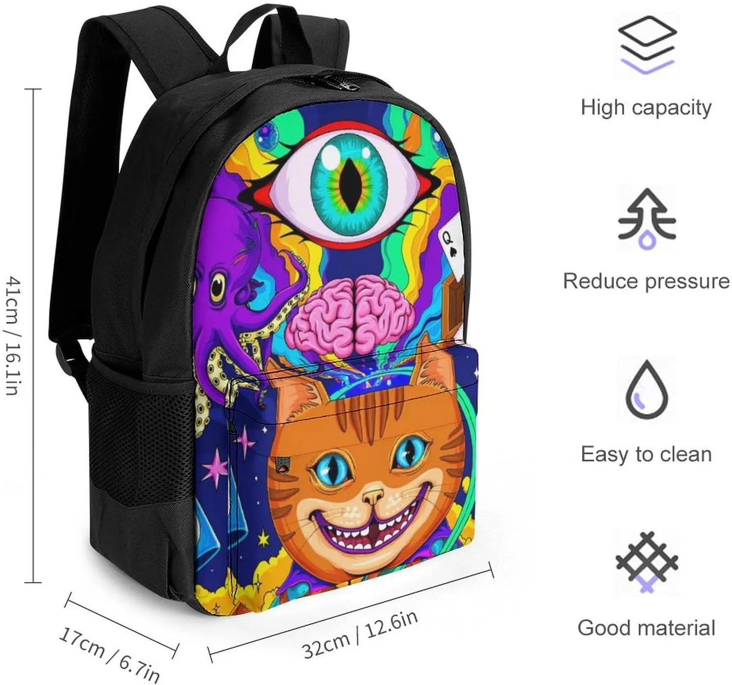 Acid Trip Colors Trippy Cat Eye Octopus Art Rucksacks Lightweight Multipurpose Anti-Theft Shoulder Bag Big Capacity Traveling & Camping Backpack With Side Pockets