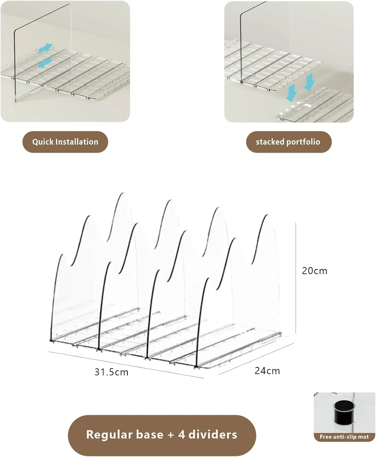 Adjustable Acrylic Purse Organizer for Closet - Handbag Storage Shelf with Dividers, Clear Multi-Use for Purses, Bags, Office/Kitchen for Women (Regular base 4 partitions 2set, Wave)