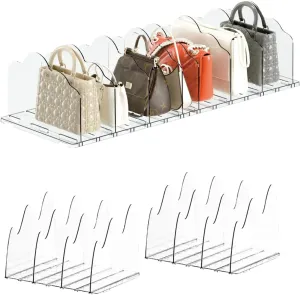 Adjustable Acrylic Purse Organizer for Closet - Handbag Storage Shelf with Dividers, Clear Multi-Use for Purses, Bags, Office/Kitchen for Women (Regular base 4 partitions 2set, Wave)
