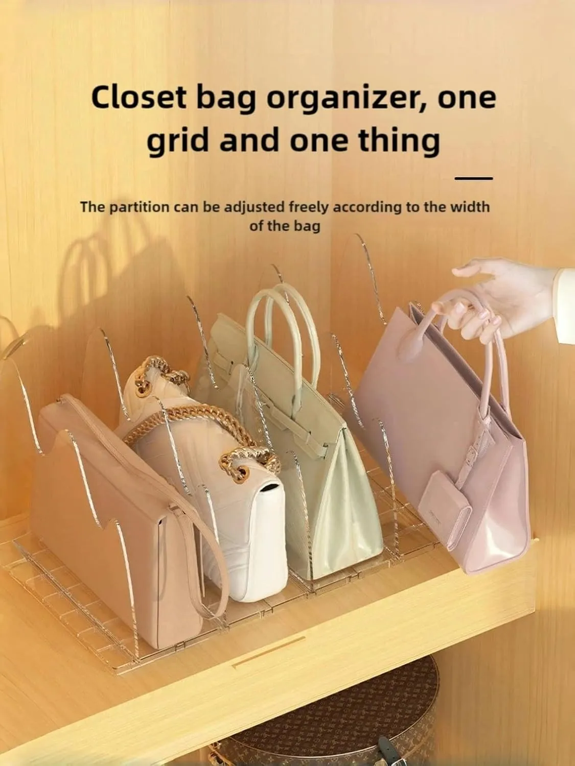 Adjustable Acrylic Purse Organizer for Closet - Handbag Storage Shelf with Dividers, Clear Multi-Use for Purses, Bags, Office/Kitchen for Women (Regular base 4 partitions 2set, Wave)