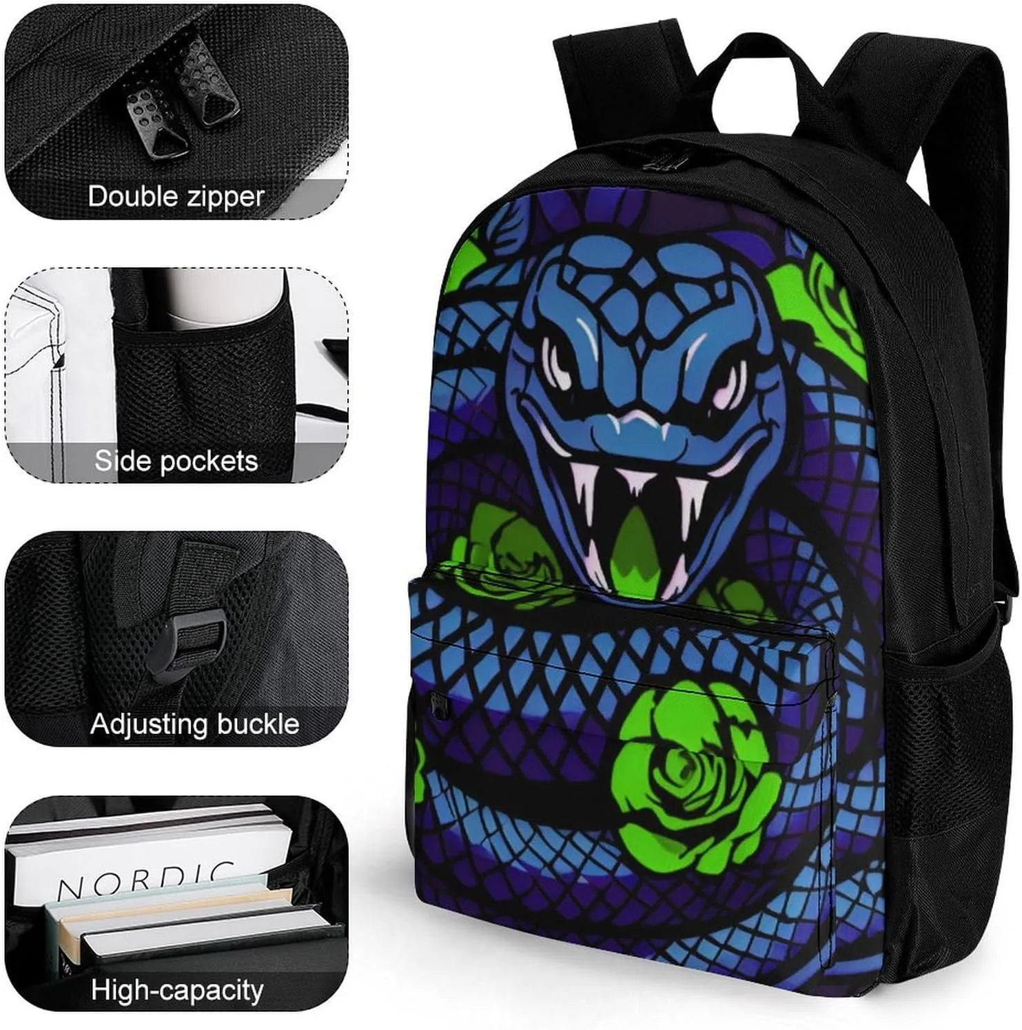 Adults Lightweight Blue Snake Green Floral Art Rucksacks Large Capacity Bookbag With Adjustable Shoulder Straps for Trekking Outdoors Bicycle