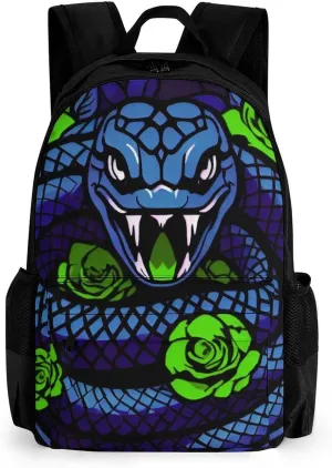 Adults Lightweight Blue Snake Green Floral Art Rucksacks Large Capacity Bookbag With Adjustable Shoulder Straps for Trekking Outdoors Bicycle