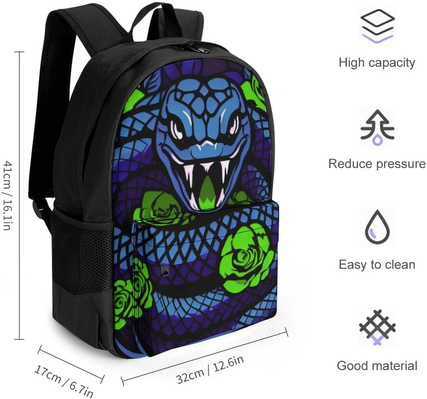Adults Lightweight Blue Snake Green Floral Art Rucksacks Large Capacity Bookbag With Adjustable Shoulder Straps for Trekking Outdoors Bicycle