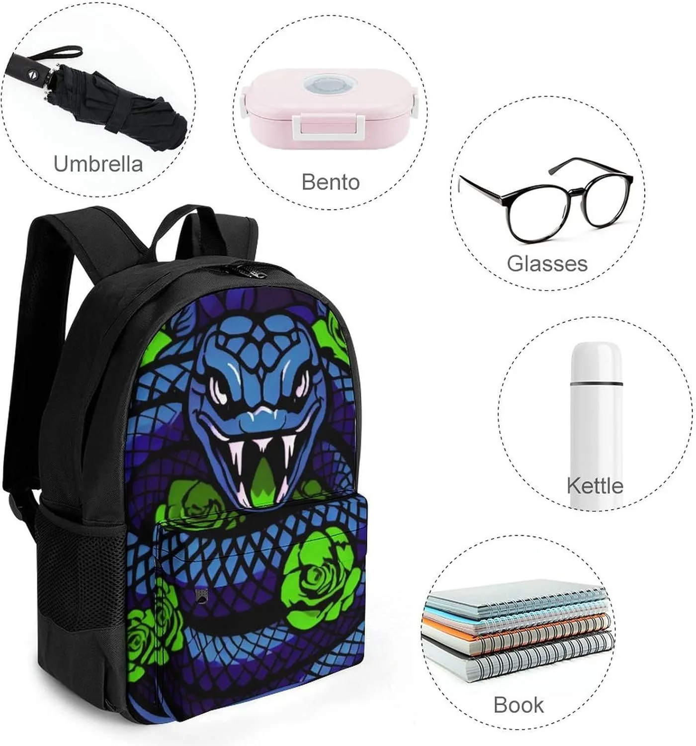 Adults Lightweight Blue Snake Green Floral Art Rucksacks Large Capacity Bookbag With Adjustable Shoulder Straps for Trekking Outdoors Bicycle
