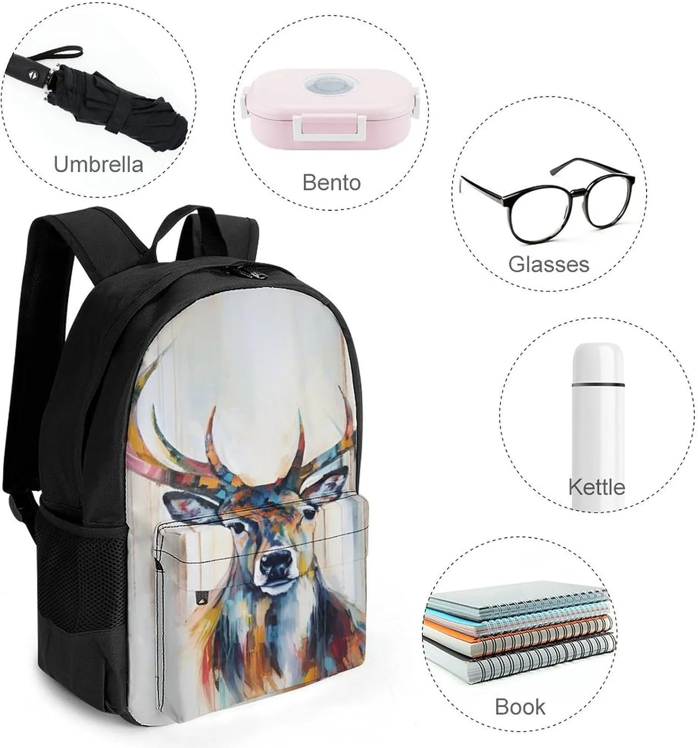 Adults Lightweight Colorful Elk Art Rucksacks Large Capacity Bookbag With Adjustable Shoulder Straps for Trekking Outdoors Bicycle
