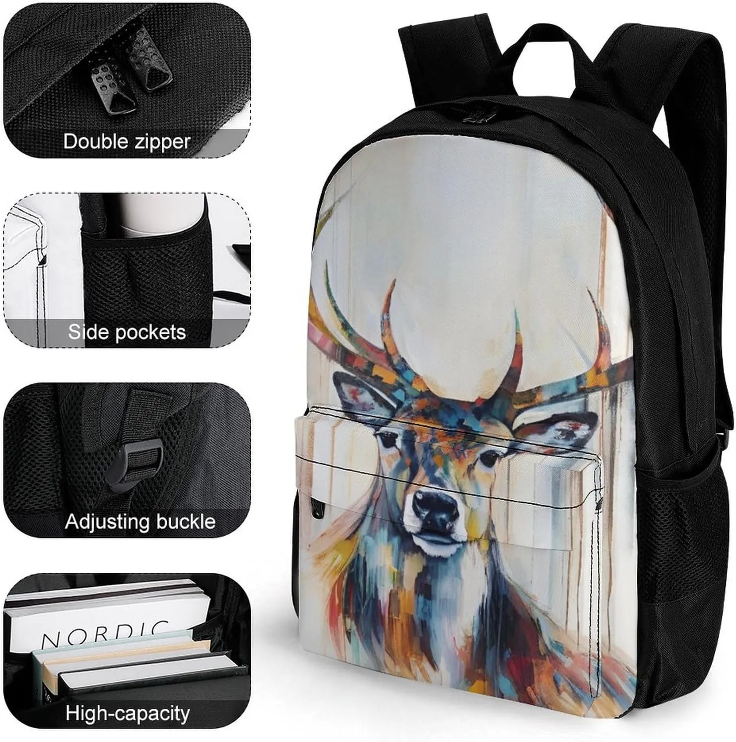 Adults Lightweight Colorful Elk Art Rucksacks Large Capacity Bookbag With Adjustable Shoulder Straps for Trekking Outdoors Bicycle
