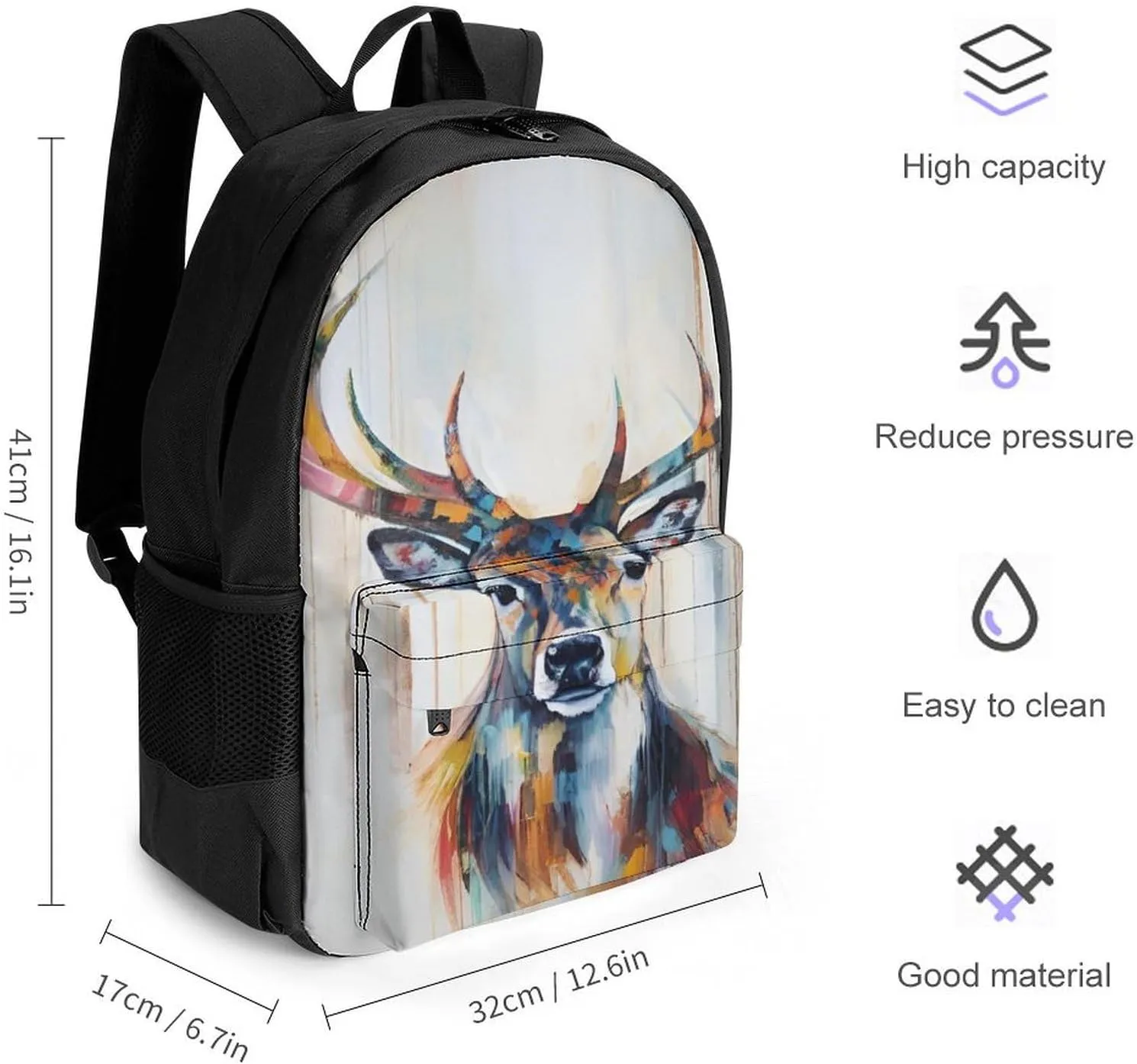 Adults Lightweight Colorful Elk Art Rucksacks Large Capacity Bookbag With Adjustable Shoulder Straps for Trekking Outdoors Bicycle