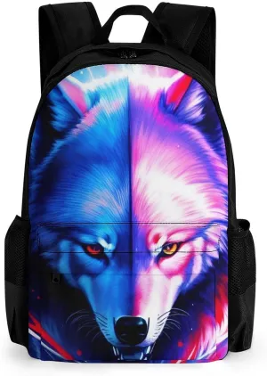 Adults Lightweight Cool Red And Blue Light Wolf Art Rucksacks Large Capacity Bookbag With Adjustable Shoulder Straps for Trekking Outdoors Bicycle