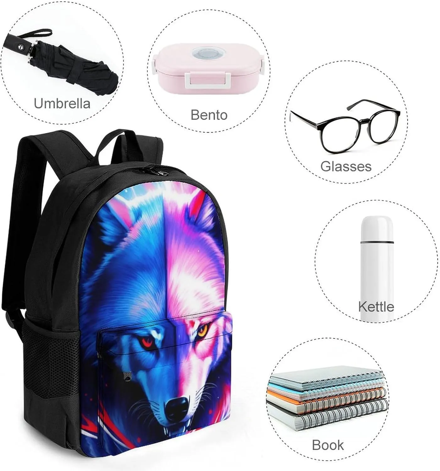 Adults Lightweight Cool Red And Blue Light Wolf Art Rucksacks Large Capacity Bookbag With Adjustable Shoulder Straps for Trekking Outdoors Bicycle