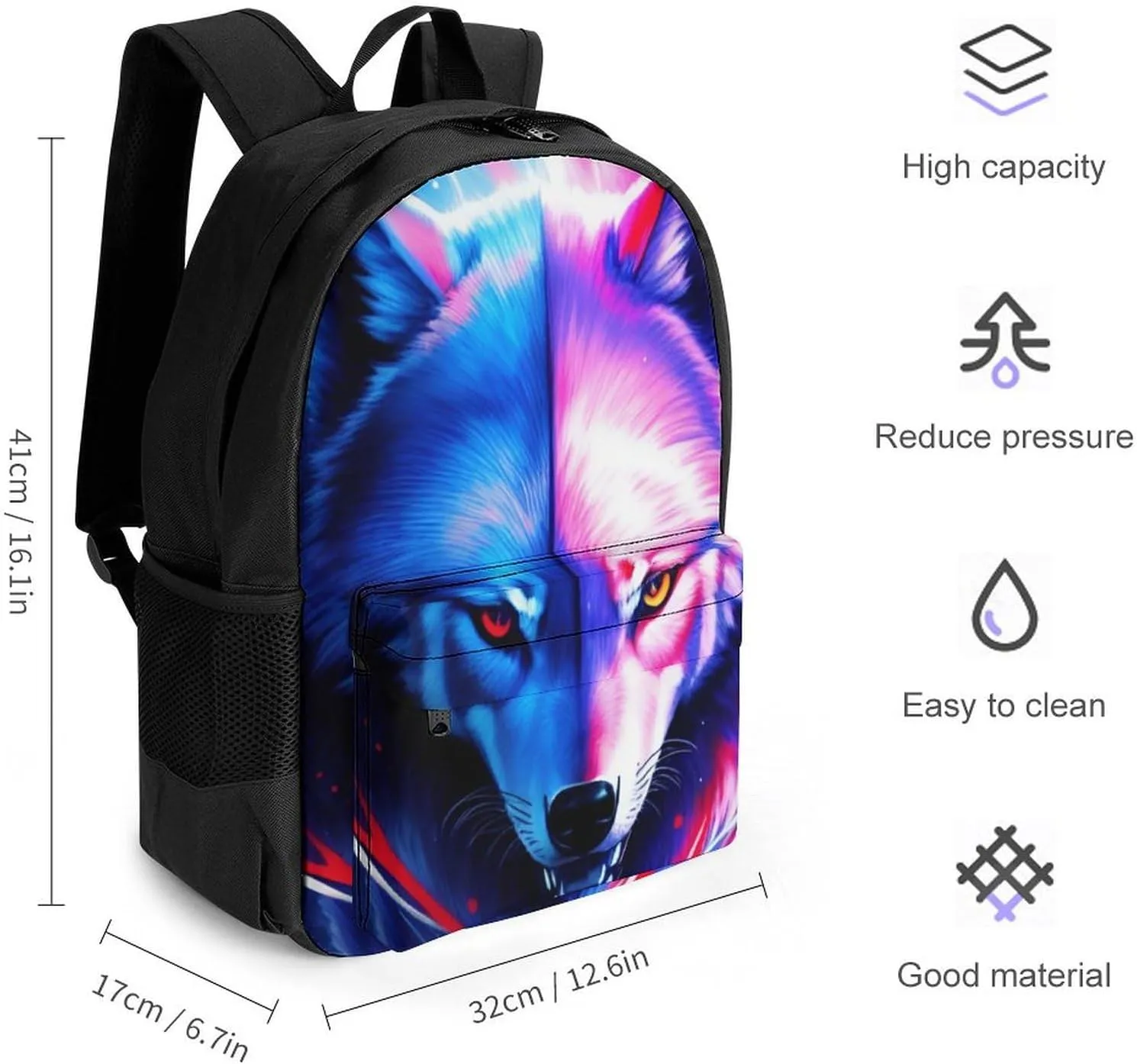 Adults Lightweight Cool Red And Blue Light Wolf Art Rucksacks Large Capacity Bookbag With Adjustable Shoulder Straps for Trekking Outdoors Bicycle