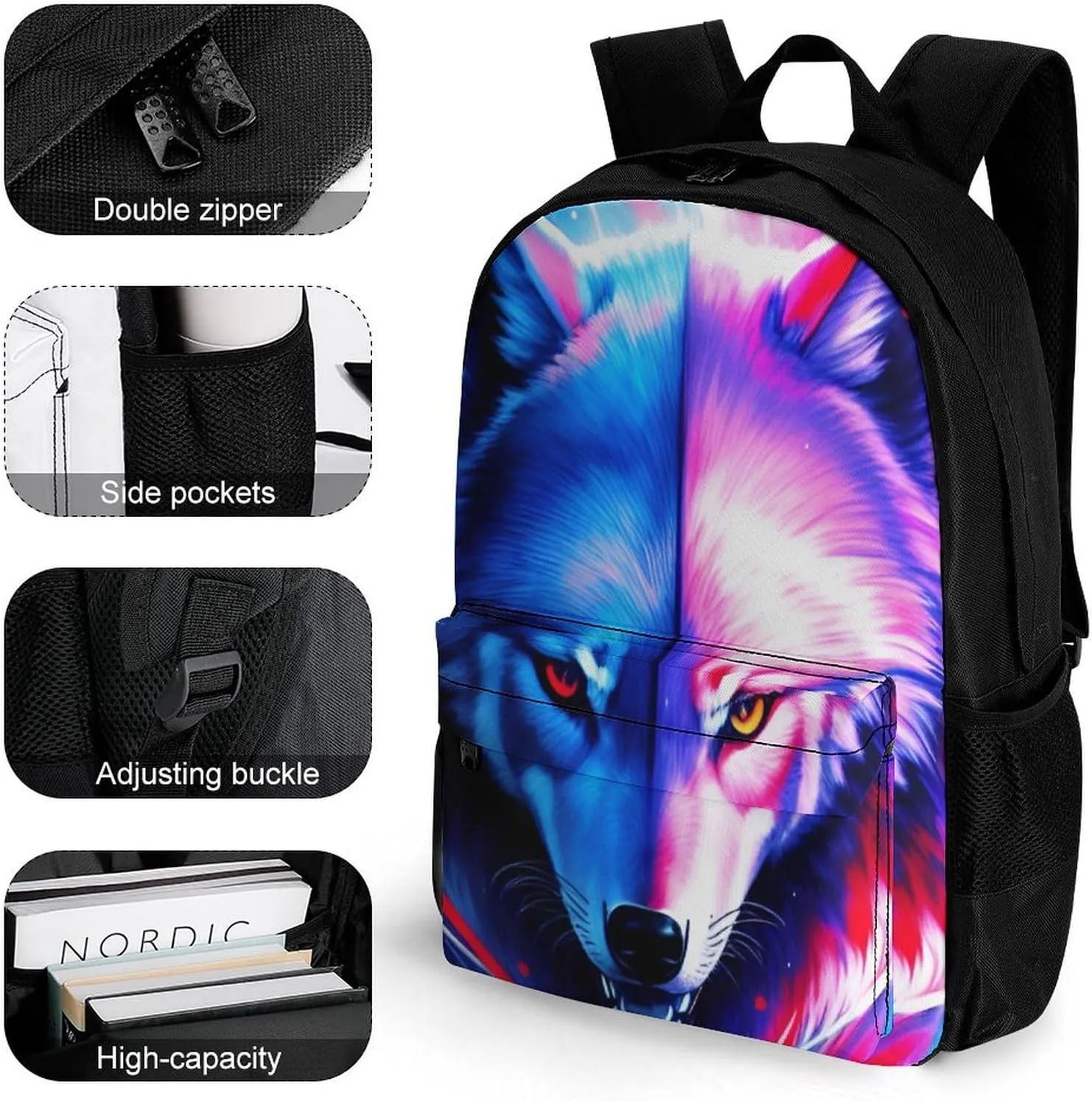 Adults Lightweight Cool Red And Blue Light Wolf Art Rucksacks Large Capacity Bookbag With Adjustable Shoulder Straps for Trekking Outdoors Bicycle