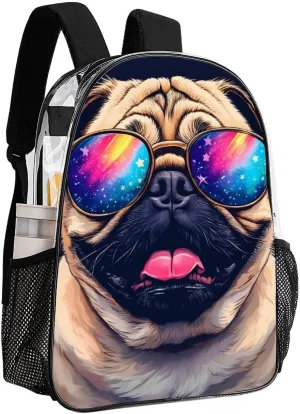 Adults Lightweight Cute Funny Pug Rucksacks Large Capacity Bookbag Transparent Bag for Trekking Outdoors Bicycle