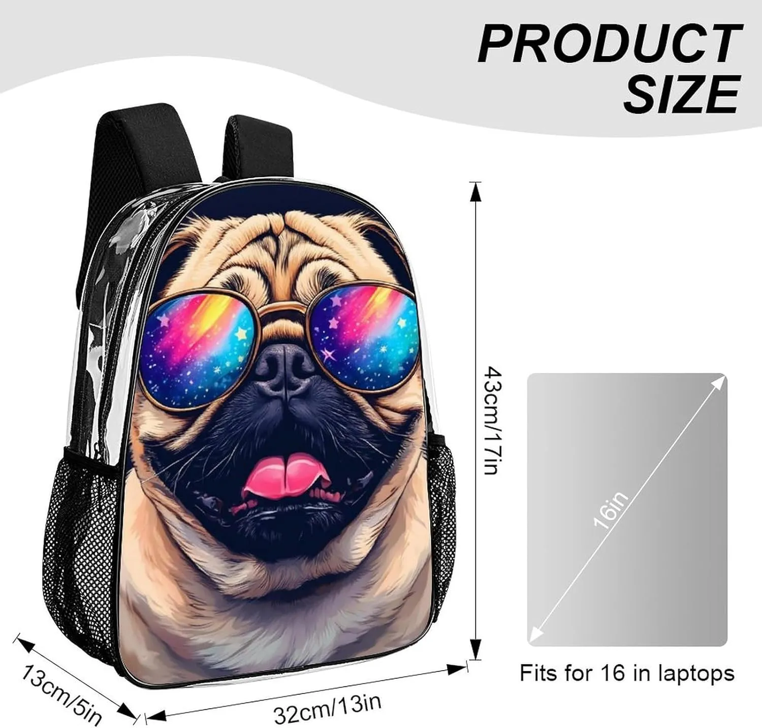 Adults Lightweight Cute Funny Pug Rucksacks Large Capacity Bookbag Transparent Bag for Trekking Outdoors Bicycle