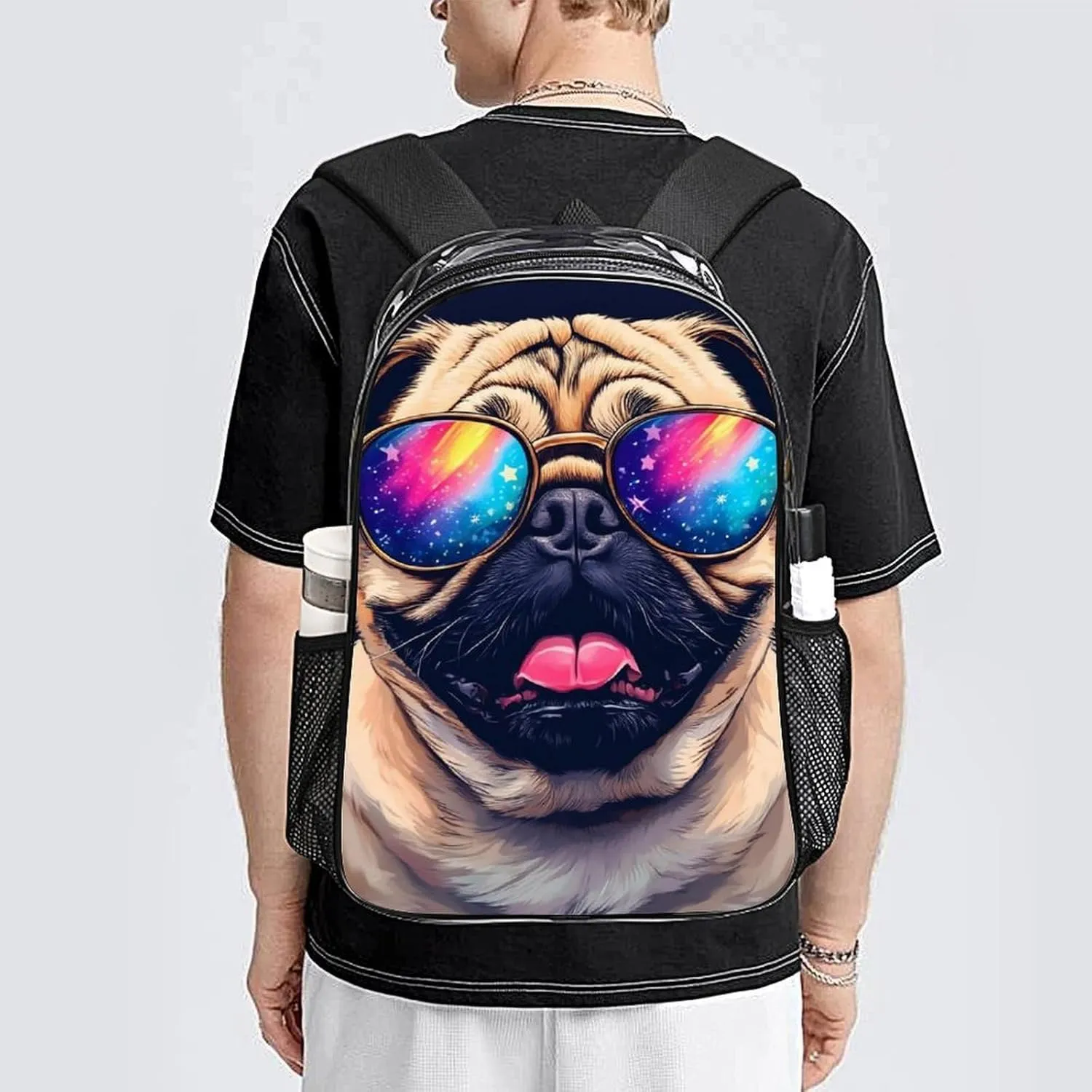 Adults Lightweight Cute Funny Pug Rucksacks Large Capacity Bookbag Transparent Bag for Trekking Outdoors Bicycle