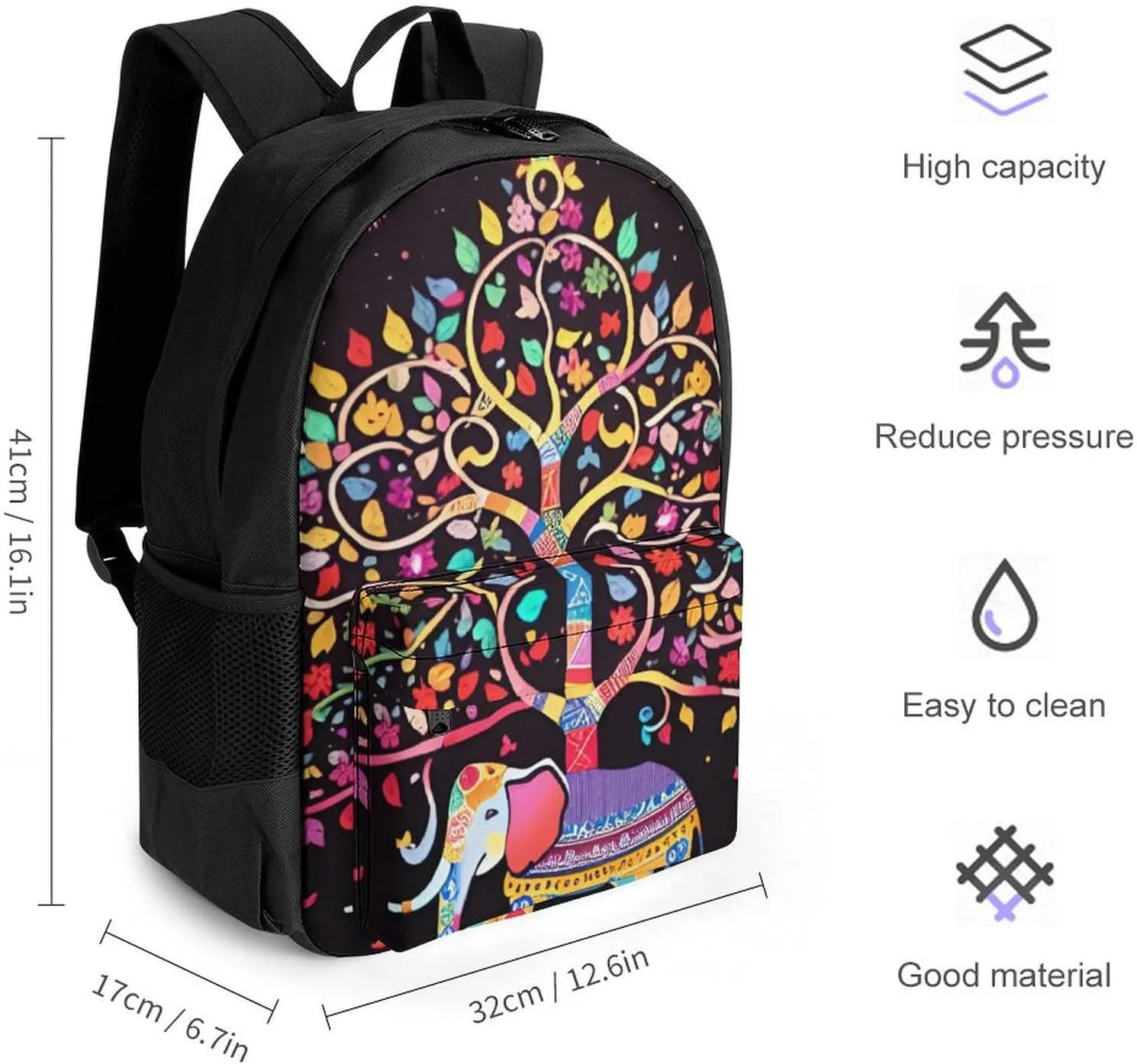 Adults Lightweight Elephant Tree Lucky Art Shoulder Book Bags Big Capacity Shoulder Bag With Adjustable Shoulder Straps for Trekking Work Walking Cycling