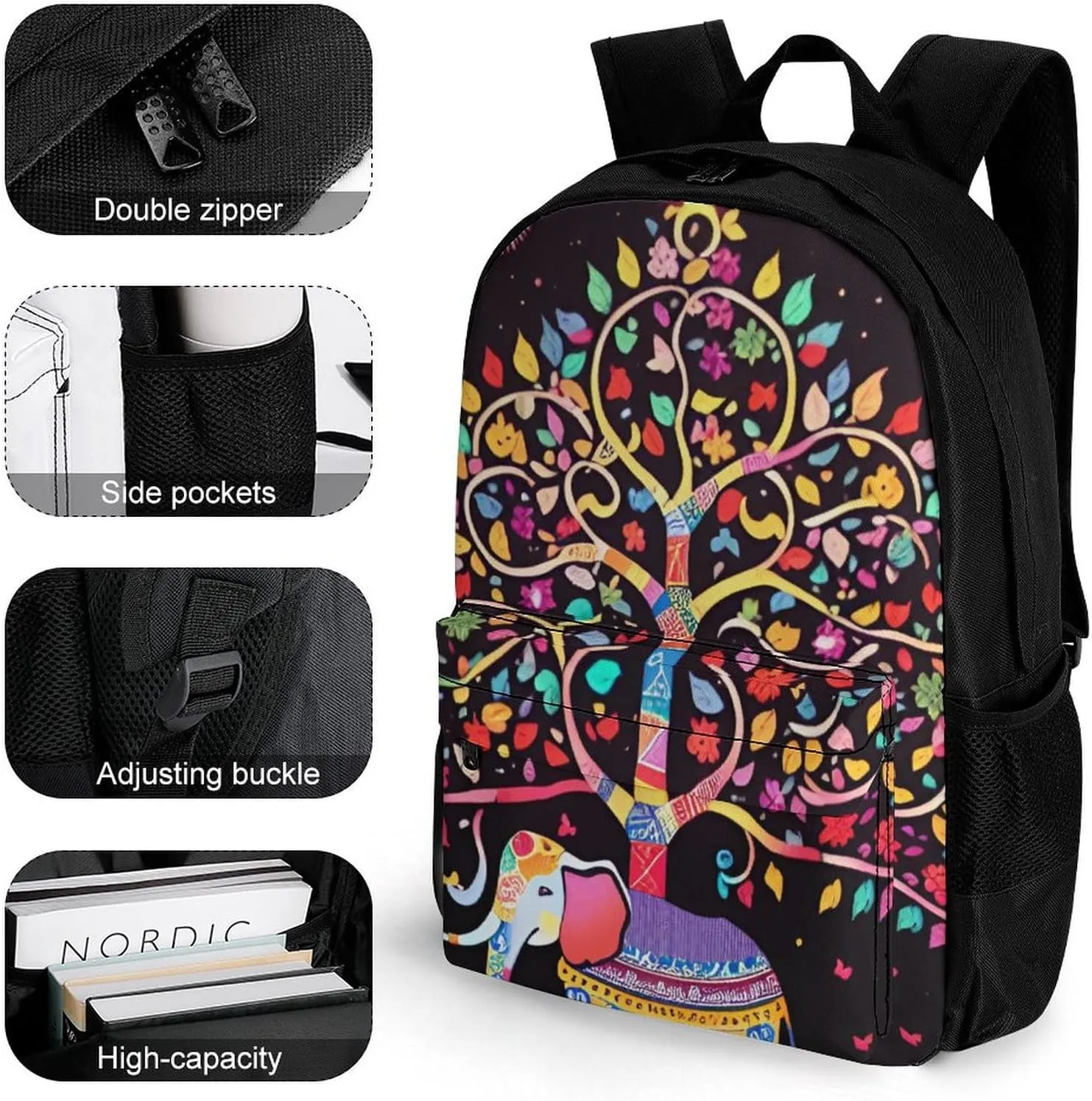Adults Lightweight Elephant Tree Lucky Art Shoulder Book Bags Big Capacity Shoulder Bag With Adjustable Shoulder Straps for Trekking Work Walking Cycling