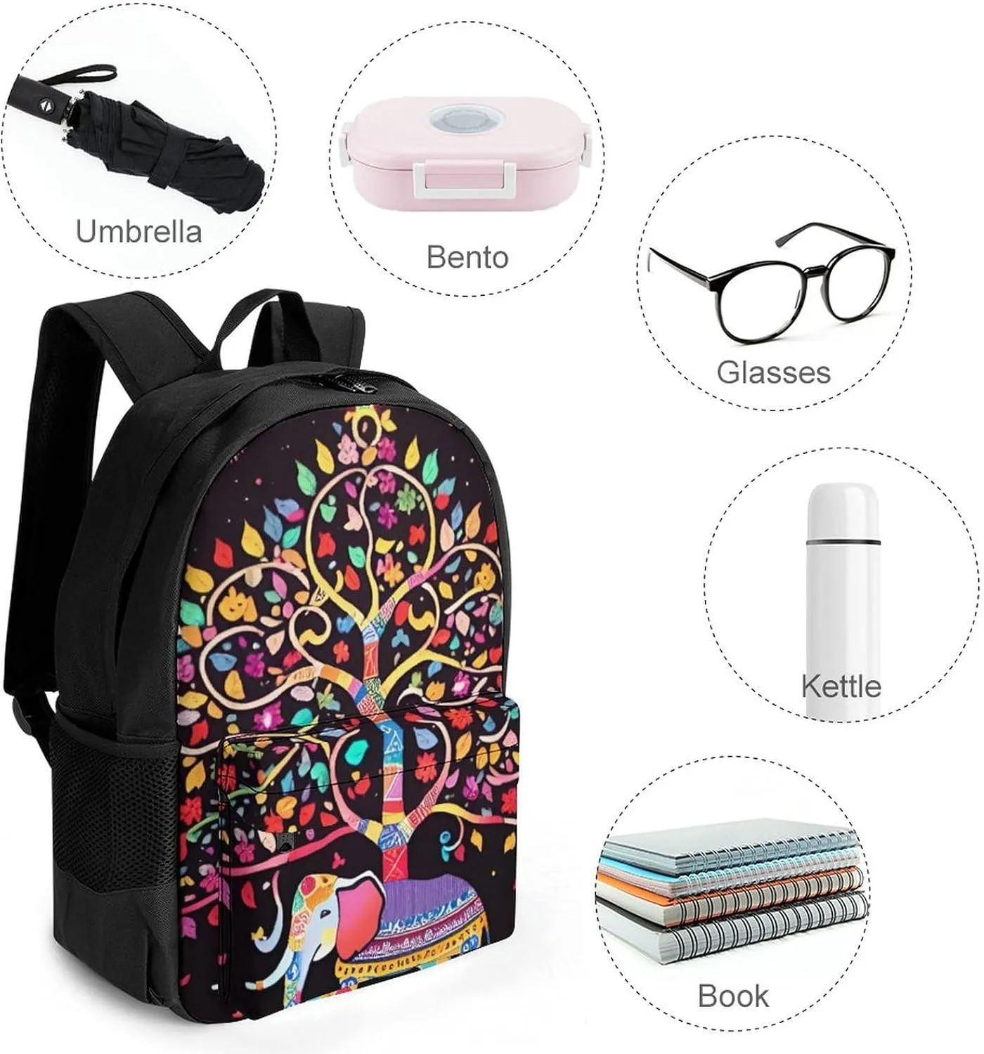 Adults Lightweight Elephant Tree Lucky Art Shoulder Book Bags Big Capacity Shoulder Bag With Adjustable Shoulder Straps for Trekking Work Walking Cycling