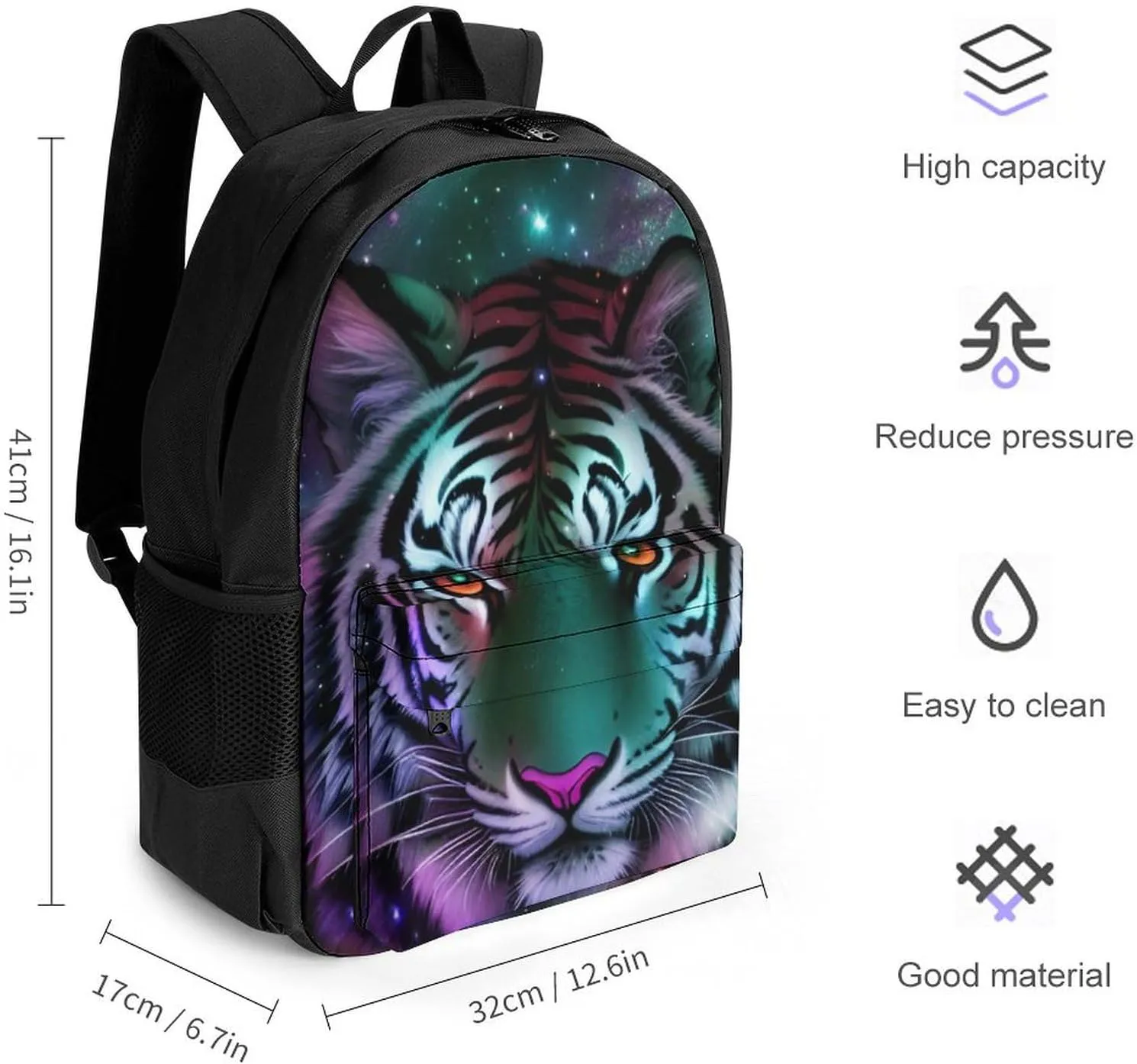 Adults Lightweight Mystic Fantasy Galaxy Sky Fantasy Wild Animals Tiger Art Rucksacks Large Capacity Bookbag With Adjustable Shoulder Straps for Trekking Outdoors Bicycle