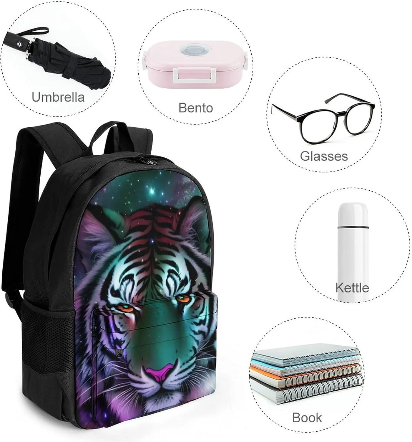 Adults Lightweight Mystic Fantasy Galaxy Sky Fantasy Wild Animals Tiger Art Rucksacks Large Capacity Bookbag With Adjustable Shoulder Straps for Trekking Outdoors Bicycle
