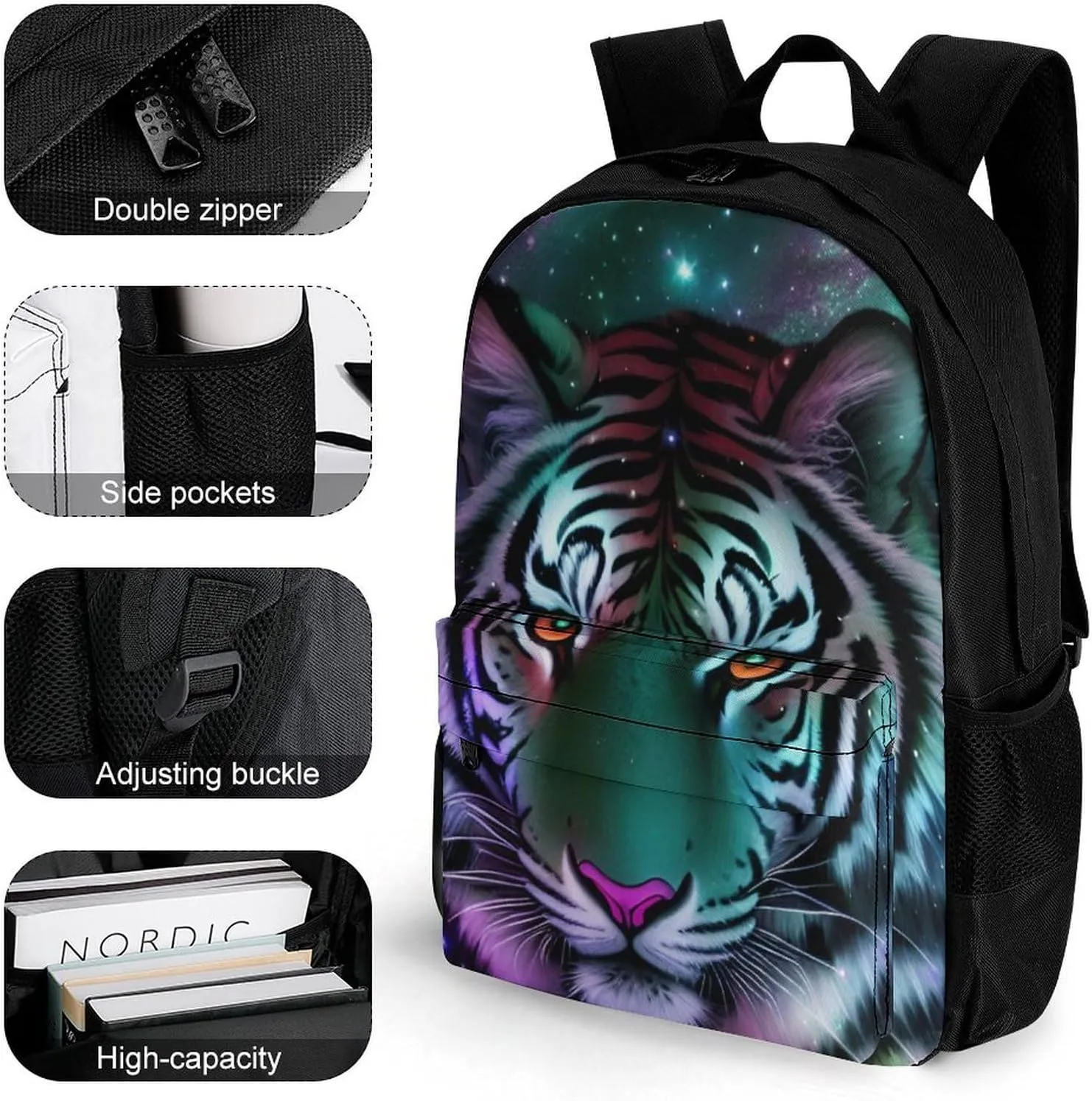 Adults Lightweight Mystic Fantasy Galaxy Sky Fantasy Wild Animals Tiger Art Rucksacks Large Capacity Bookbag With Adjustable Shoulder Straps for Trekking Outdoors Bicycle