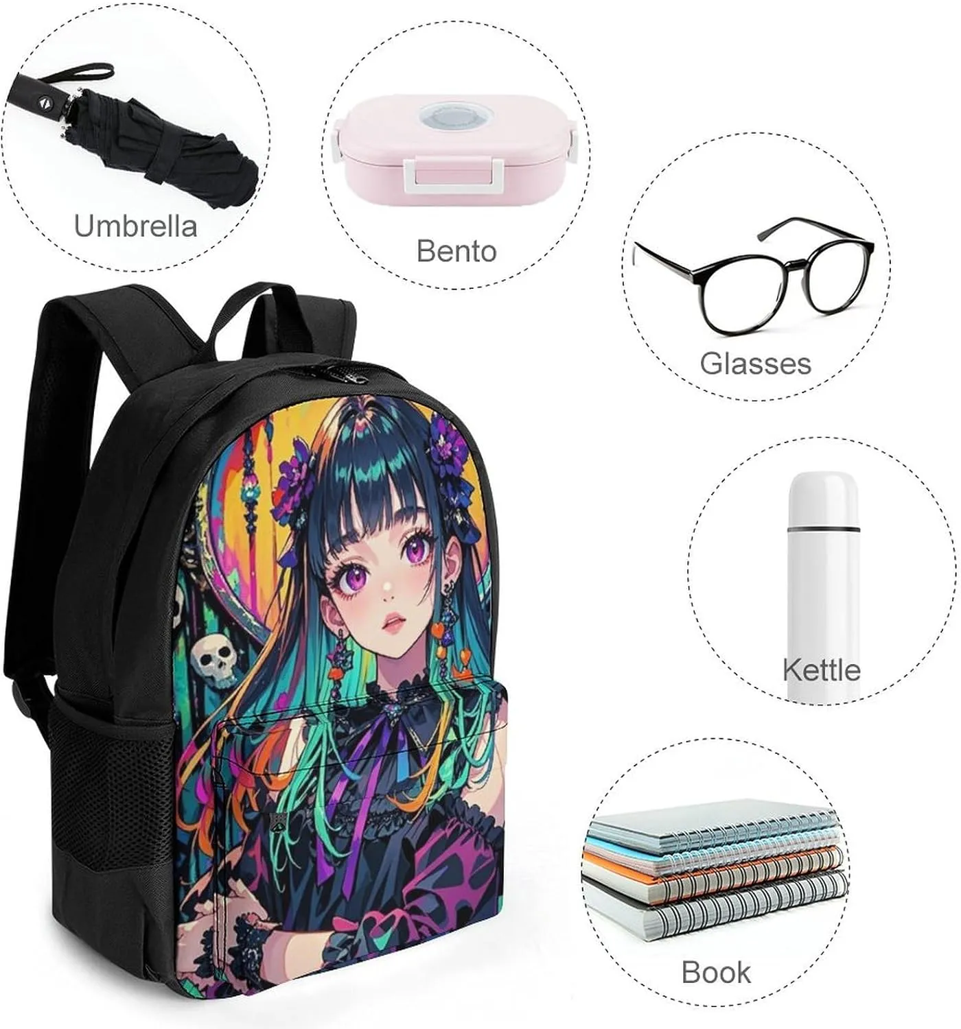 Aesthetic Woman With Skull Gothic Style Art Shoulder Book Bags Polyester Multipurpose Anti-Theft Carry On Bag Large Capacity Travel Hiking & Camping Rucksack
