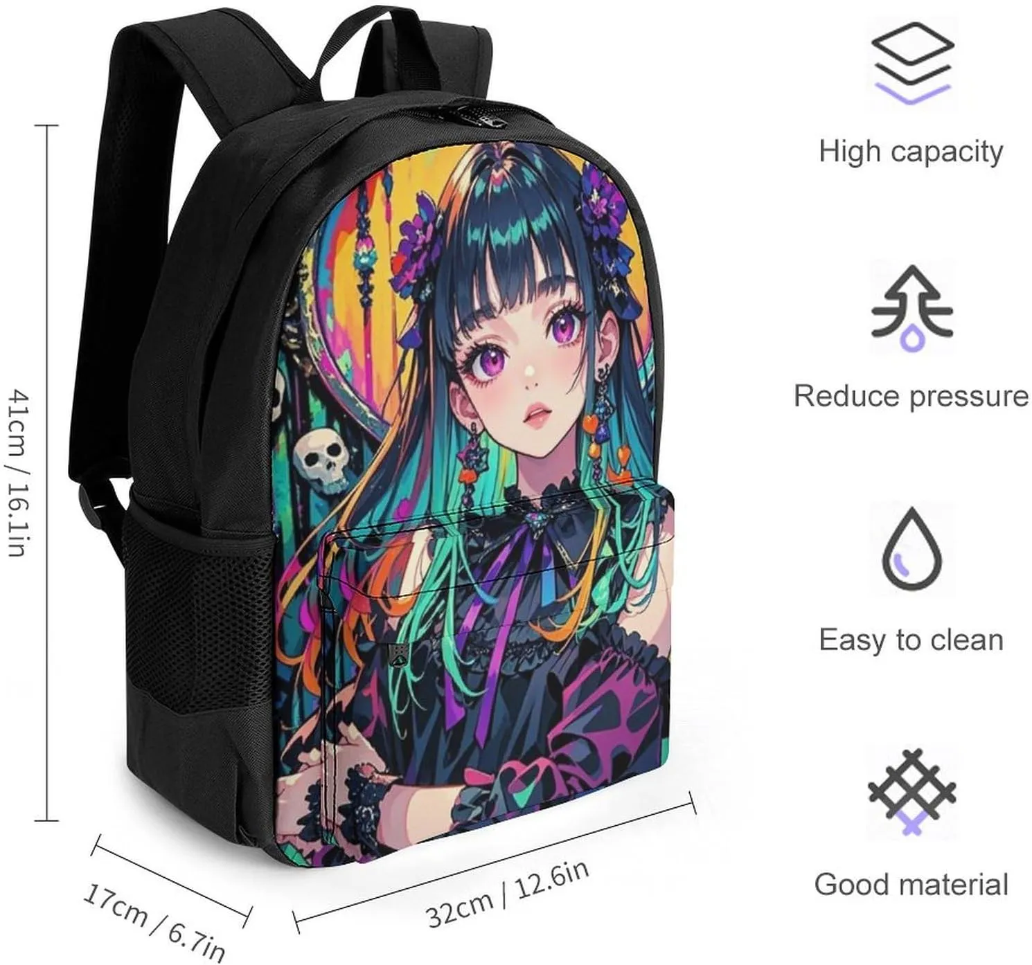 Aesthetic Woman With Skull Gothic Style Art Shoulder Book Bags Polyester Multipurpose Anti-Theft Carry On Bag Large Capacity Travel Hiking & Camping Rucksack