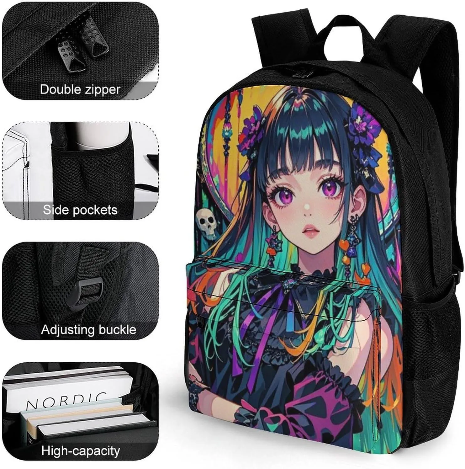 Aesthetic Woman With Skull Gothic Style Art Shoulder Book Bags Polyester Multipurpose Anti-Theft Carry On Bag Large Capacity Travel Hiking & Camping Rucksack