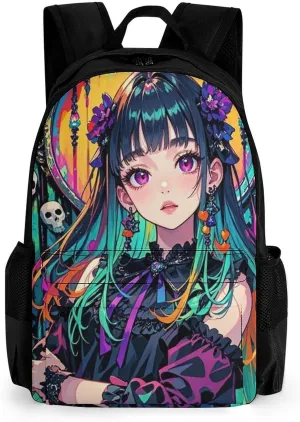 Aesthetic Woman With Skull Gothic Style Art Shoulder Book Bags Polyester Multipurpose Anti-Theft Carry On Bag Large Capacity Travel Hiking & Camping Rucksack