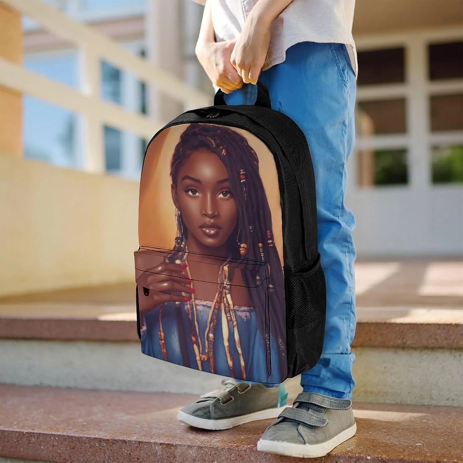 African American Black Woman Woman Art Shoulder Book Bags Polyester Multipurpose Anti-Theft Carry On Bag Large Capacity Travel Hiking & Camping Rucksack