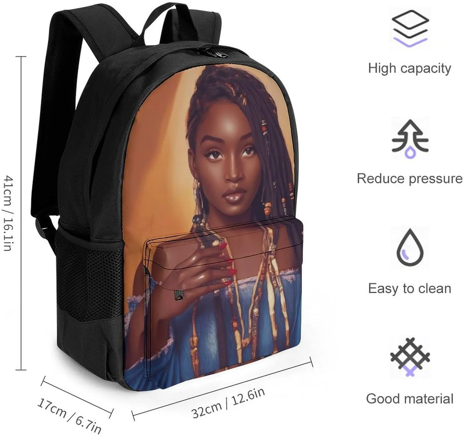 African American Black Woman Woman Art Shoulder Book Bags Polyester Multipurpose Anti-Theft Carry On Bag Large Capacity Travel Hiking & Camping Rucksack