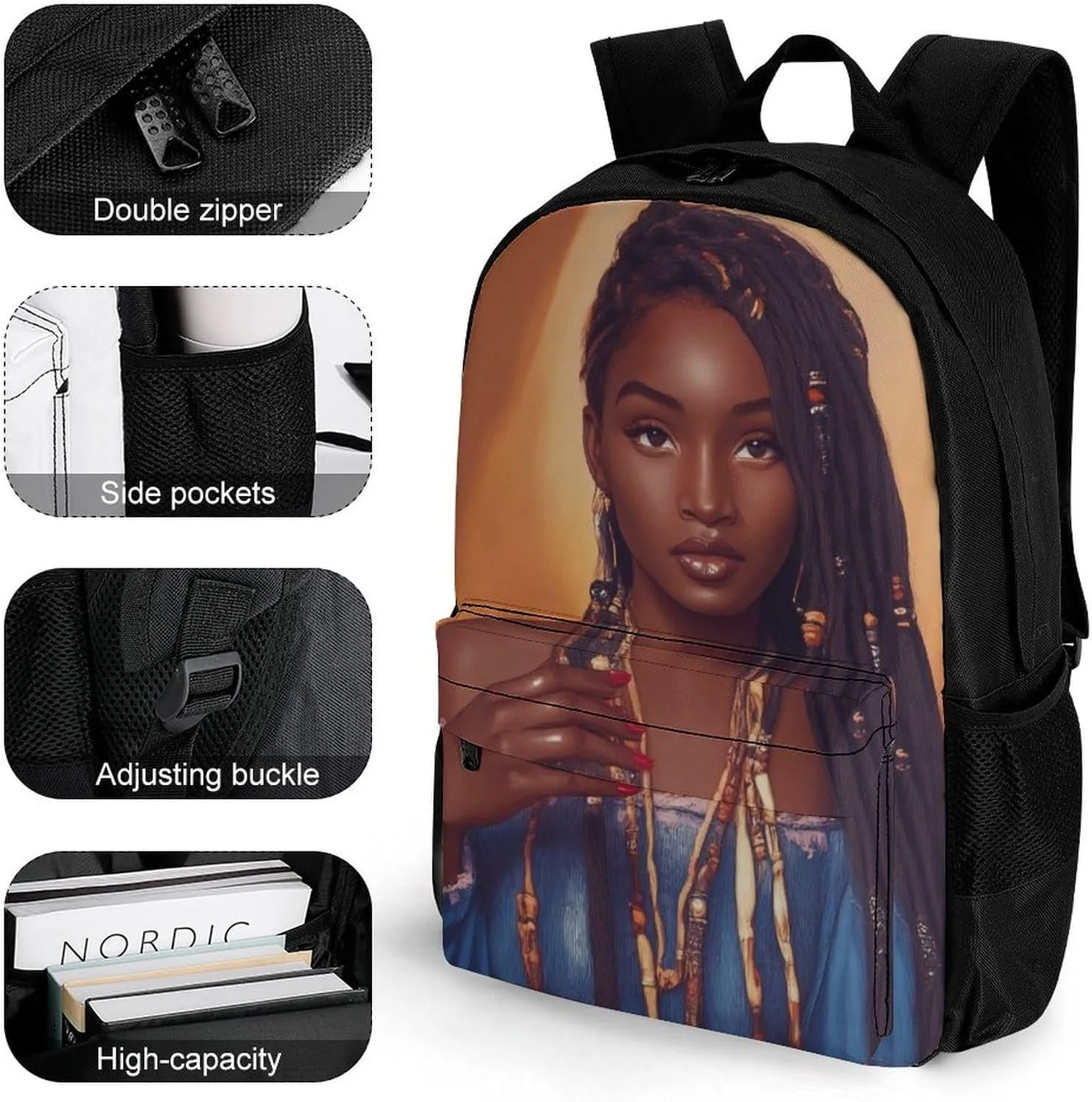 African American Black Woman Woman Art Shoulder Book Bags Polyester Multipurpose Anti-Theft Carry On Bag Large Capacity Travel Hiking & Camping Rucksack