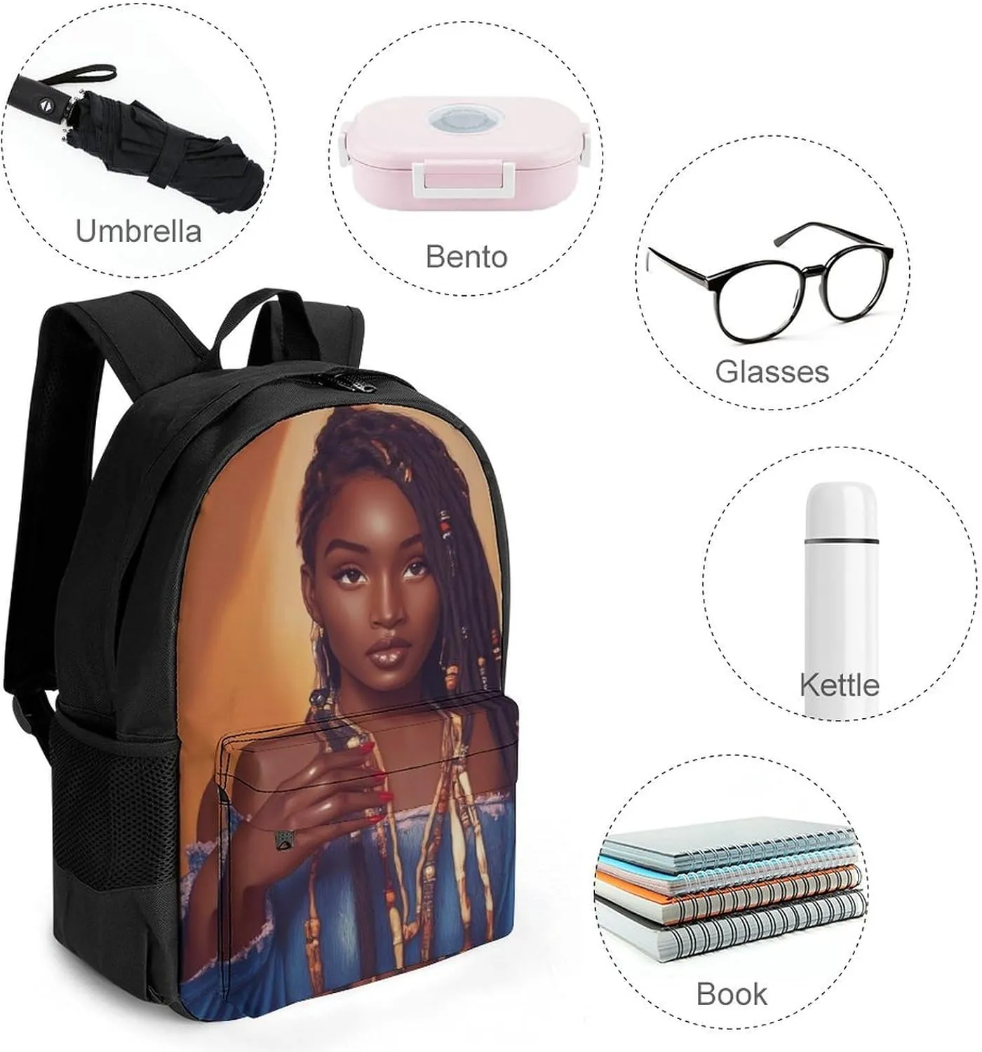 African American Black Woman Woman Art Shoulder Book Bags Polyester Multipurpose Anti-Theft Carry On Bag Large Capacity Travel Hiking & Camping Rucksack
