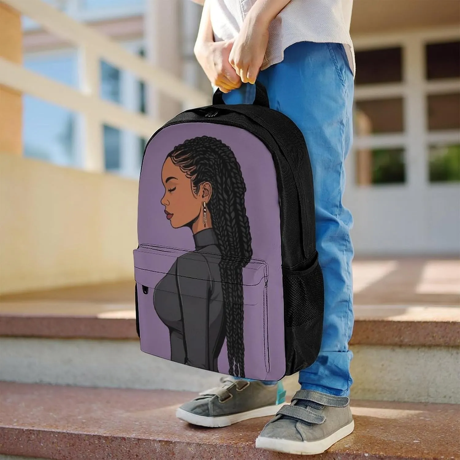 African American Black Woman Woman Painting Shoulder Book Bags Polyester Multipurpose Anti-Theft Carry On Bag Large Capacity Travel Hiking & Camping Rucksack