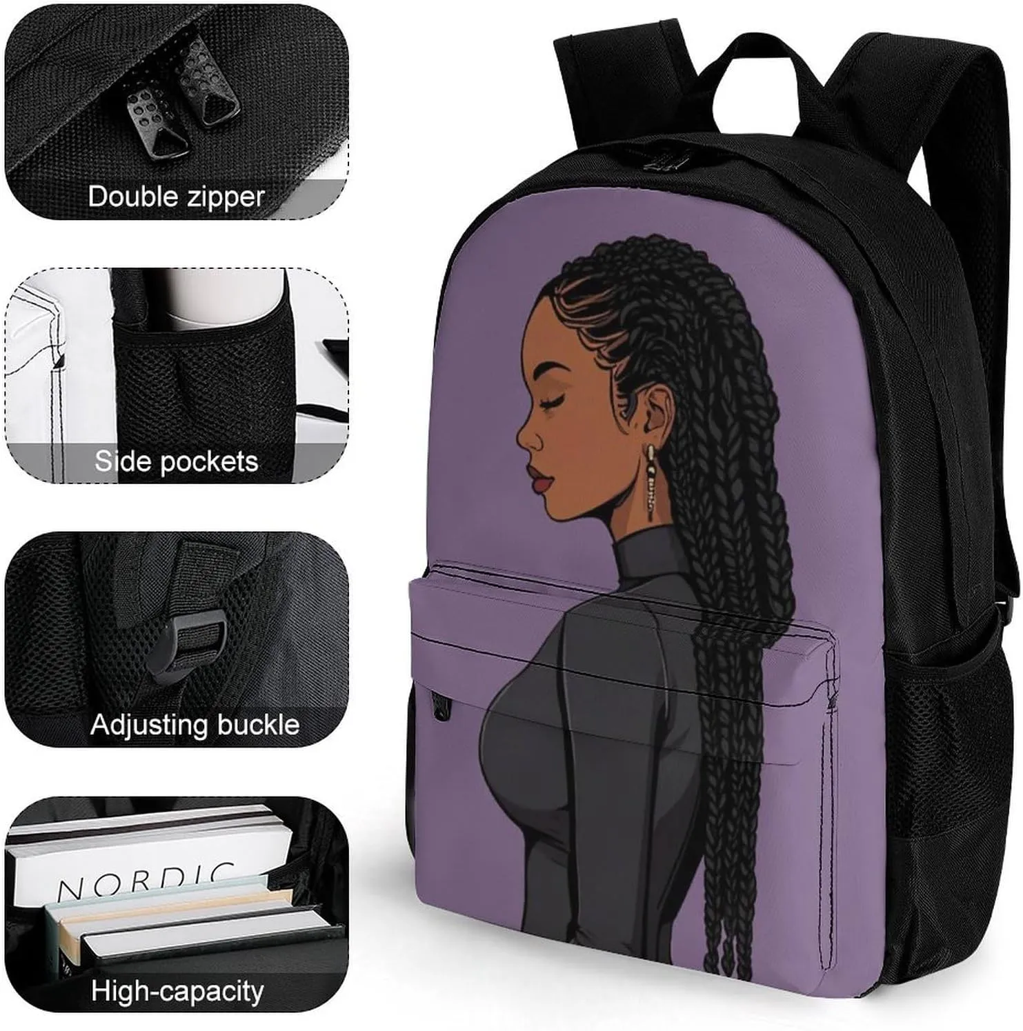 African American Black Woman Woman Painting Shoulder Book Bags Polyester Multipurpose Anti-Theft Carry On Bag Large Capacity Travel Hiking & Camping Rucksack