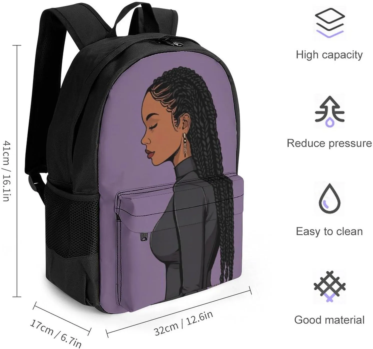 African American Black Woman Woman Painting Shoulder Book Bags Polyester Multipurpose Anti-Theft Carry On Bag Large Capacity Travel Hiking & Camping Rucksack